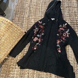 Johnny Was Zip Up Hoodie Brenda Cape Wool Cashmere Grey Embroidery Size S/M